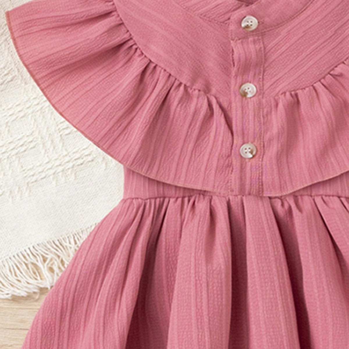 Girls Pink Self Stripes Layered Dress With Button Details Casual Dresses