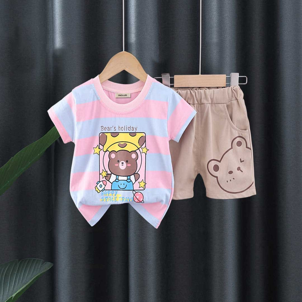Boys Striped Graphic Print T-Shirt With Shorts Set