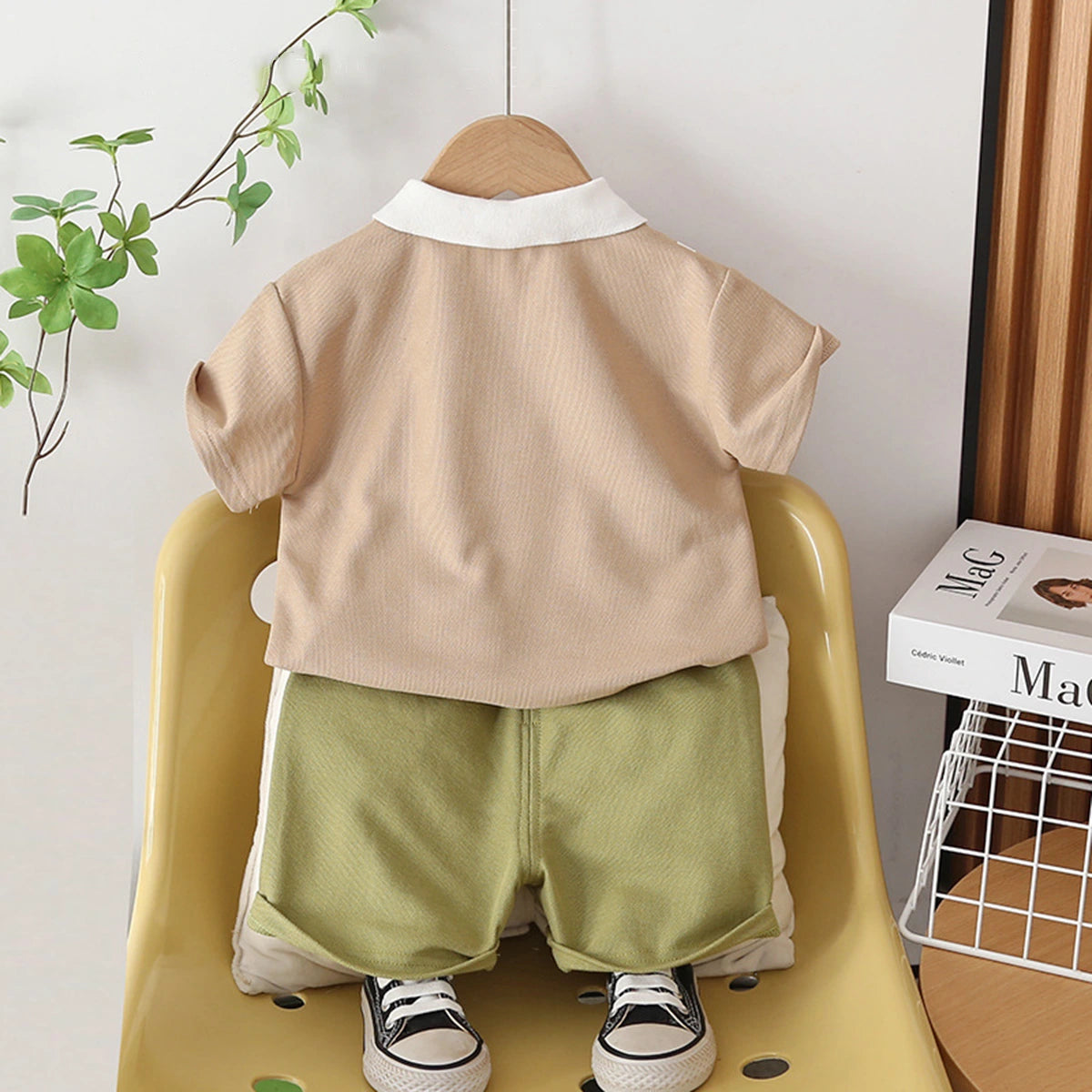 Boys Khaki Dinosaur Graphic Polo T-Shirt With Elasticated Shorts Sets Sets