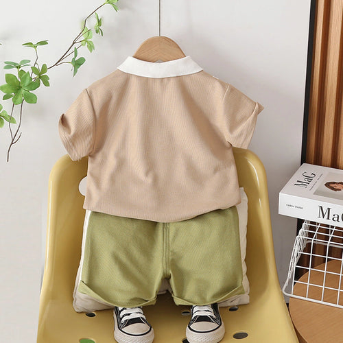 Boys Khaki Dinosaur Graphic Polo T-Shirt With Elasticated Shorts Sets Sets