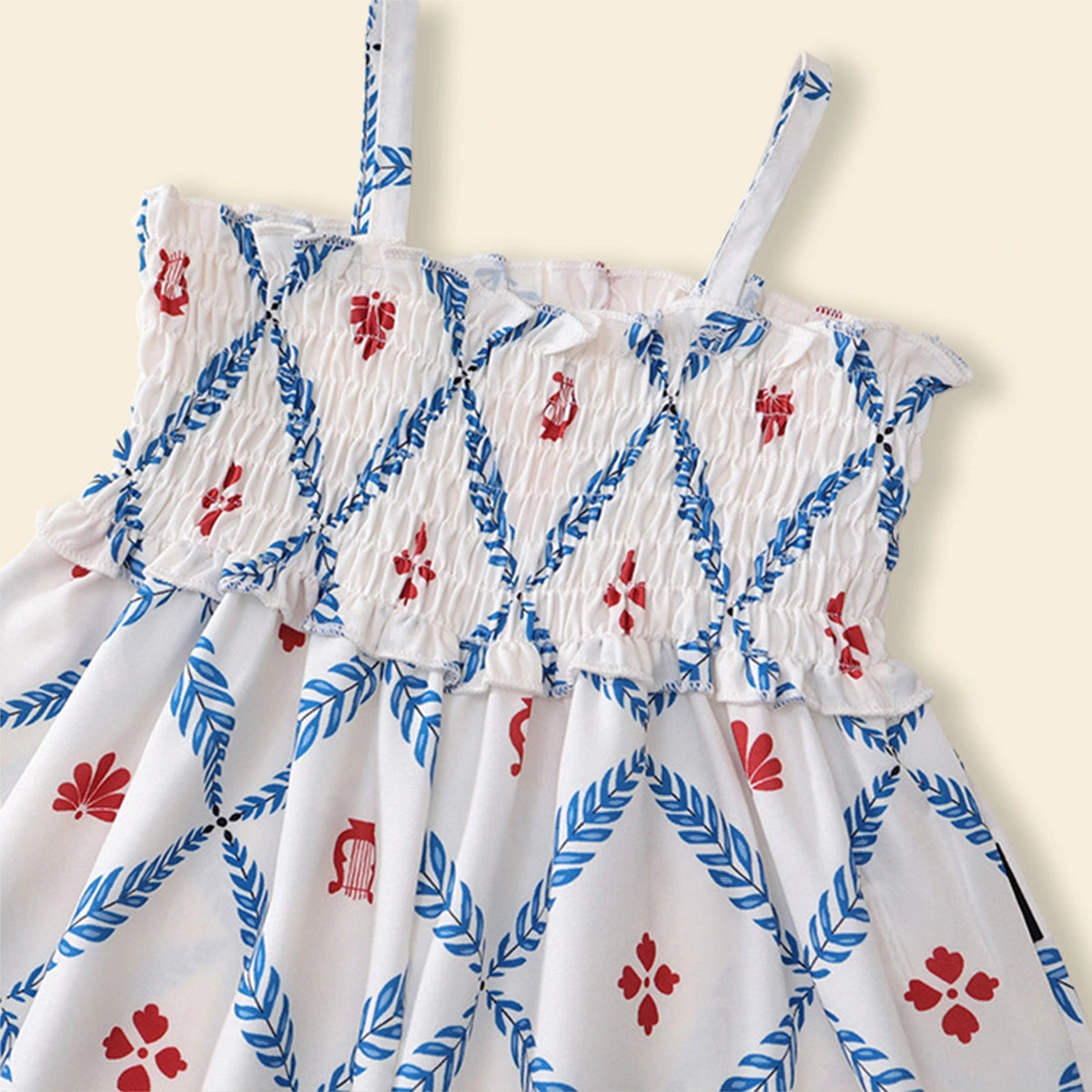 Girls Blue Floral Smocked Square Neck Jumpsuit Jumpsuits
