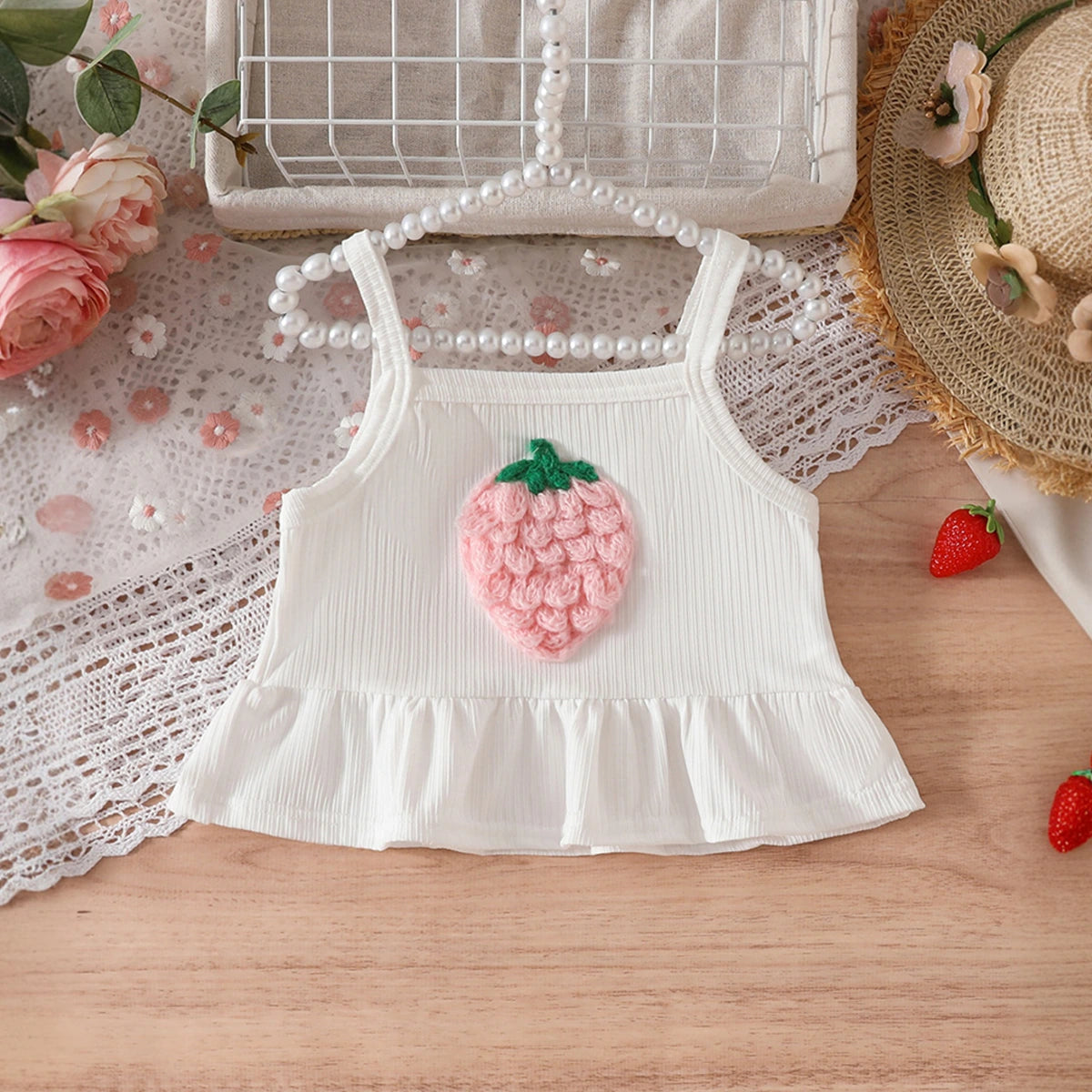 Girls Pink Strawberry Embroidered Peplum Top With Denim Shorts Sets Sets