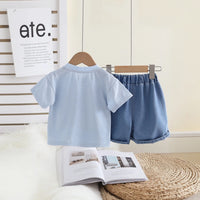 Girls Blue Cat Motif Short Sleeve T-Shirt With Denim Shorts Sets 2 pc. Sets
