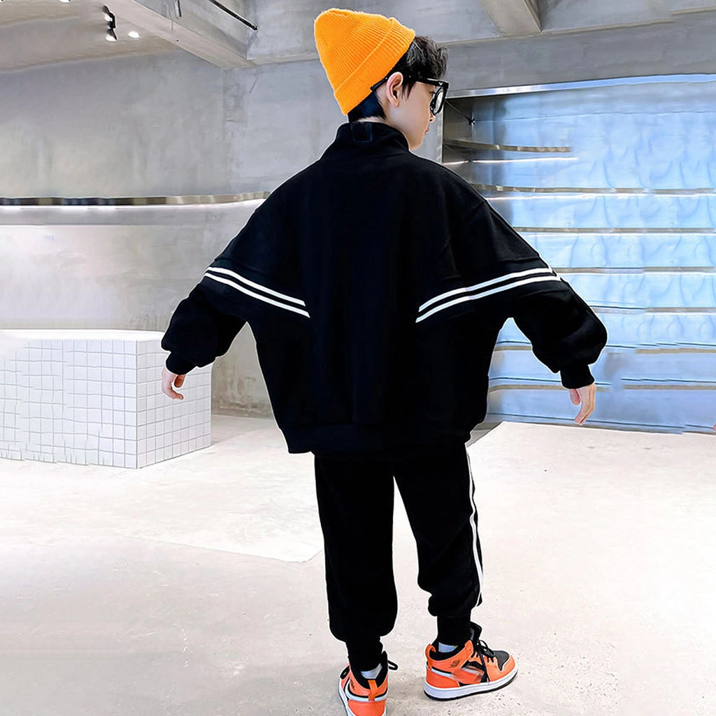 Boys Black Zip-up Jacket With Jogger Sets Sets