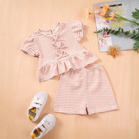 Girls Beige Checked Puff Sleeves Peplum Top With Shorts Co-ord Sets Sets Beige 1-2 Y