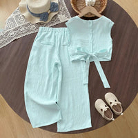 Girls Sea Green Textured Sleeveless Top with Wide Leg Pants Sets 2 pc. Sets
