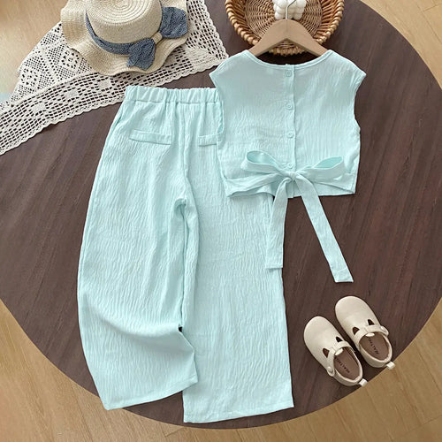 Girls Sea Green Textured Sleeveless Top with Wide Leg Pants Sets 2 pc. Sets