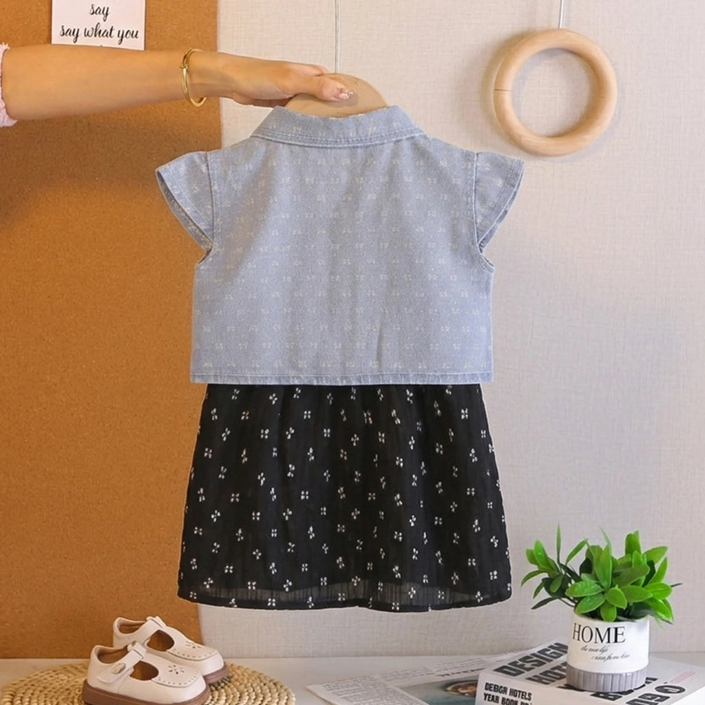 Girls Black Bow Printed A-Line Dress With Denim Jacket Casual Dresses