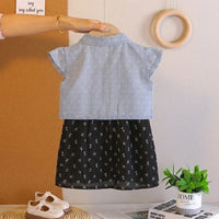 Girls Black Bow Printed A-Line Dress With Denim Jacket Casual Dresses
