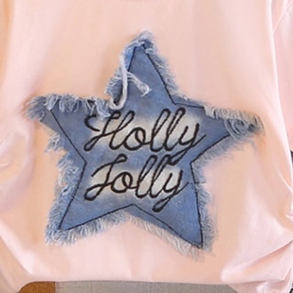 Girls Pink Frayed-Denim Star Applique T-Shirt With Wide-Leg Textured Pant Sets Sets