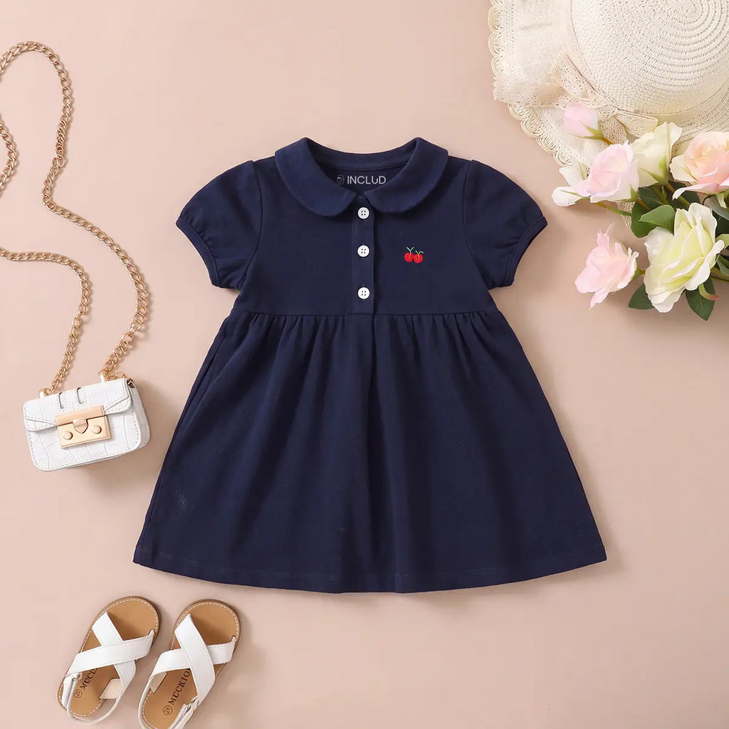 Girls Navy Blue Cherry Applique Puff Sleeve A-Line Dress Casual Dresses Navy Blue 1-2 Y