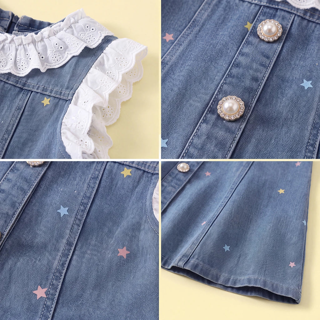 Girls Blue Star Print Short Sleeve Denim Dress Casual Dresses