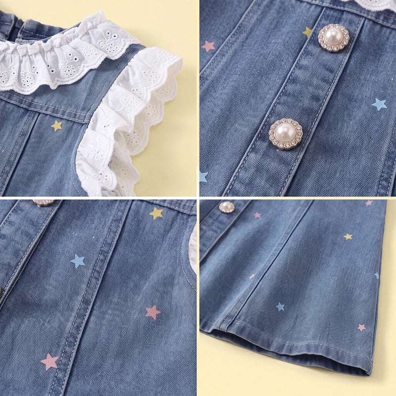 Girls Blue Star Print Short Sleeve Denim Dress Casual Dresses