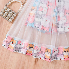 Girls Multicolor Cat Print Smocked Fit & Flare Dress Casual Dresses