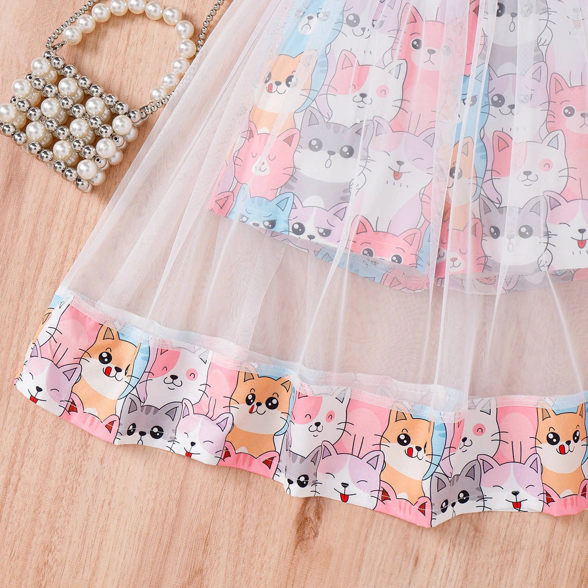 Girls Multicolor Cat Print Smocked Fit & Flare Dress Casual Dresses
