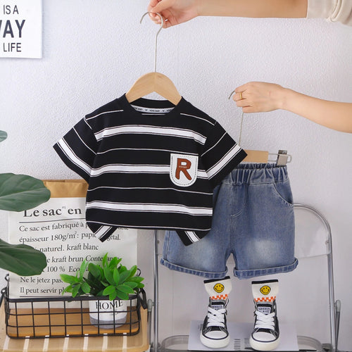 Boys Black Stripes Short Sleeves T-Shirt With Denim Shorts Set Sets Black 1-2 Y