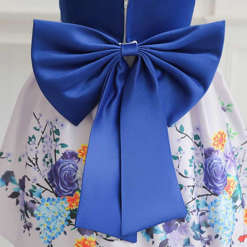 Girls Blue Floral Print Flutter Sleeve Fit & Flare Party Wear Dress Party Dresses
