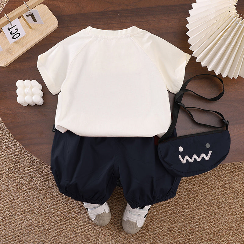 Boys Printed Appliqued T-Shirt With Black Sling Bag And Shorts Set Sets