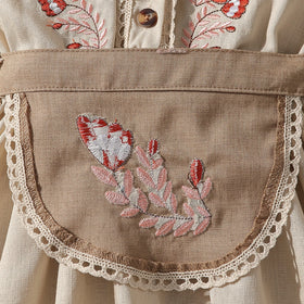 Girls Beige Embroidered Ruffle Neck Fit & Flare Dress Casual Dresses