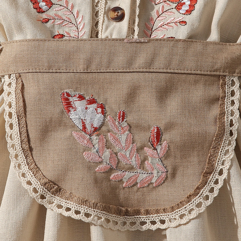 Girls Beige Embroidered Ruffle Neck Fit & Flare Dress Casual Dresses