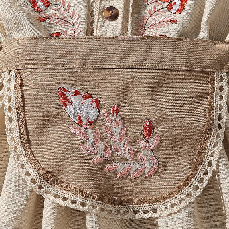 Girls Beige Embroidered Ruffle Neck Fit & Flare Dress Casual Dresses