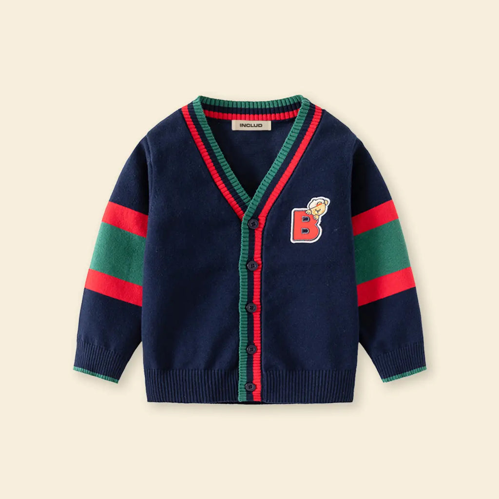 Boys Navy Blue Letter B Embroidered Knitted Cardigan Sweaters & Cardigans