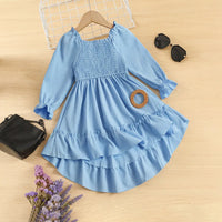 Girls Light Blue Smocked Yoke Puff Sleeve High-Low Dress Casual Dresses Light Blue 2-3 Y