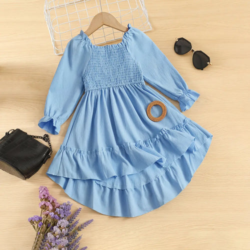 Girls Light Blue Smocked Yoke Puff Sleeve High-Low Dress Casual Dresses Light Blue 2-3 Y