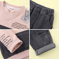 Boys Beige Typographic Sweatshirt With Denim Pants Sets 2 pc. Sets