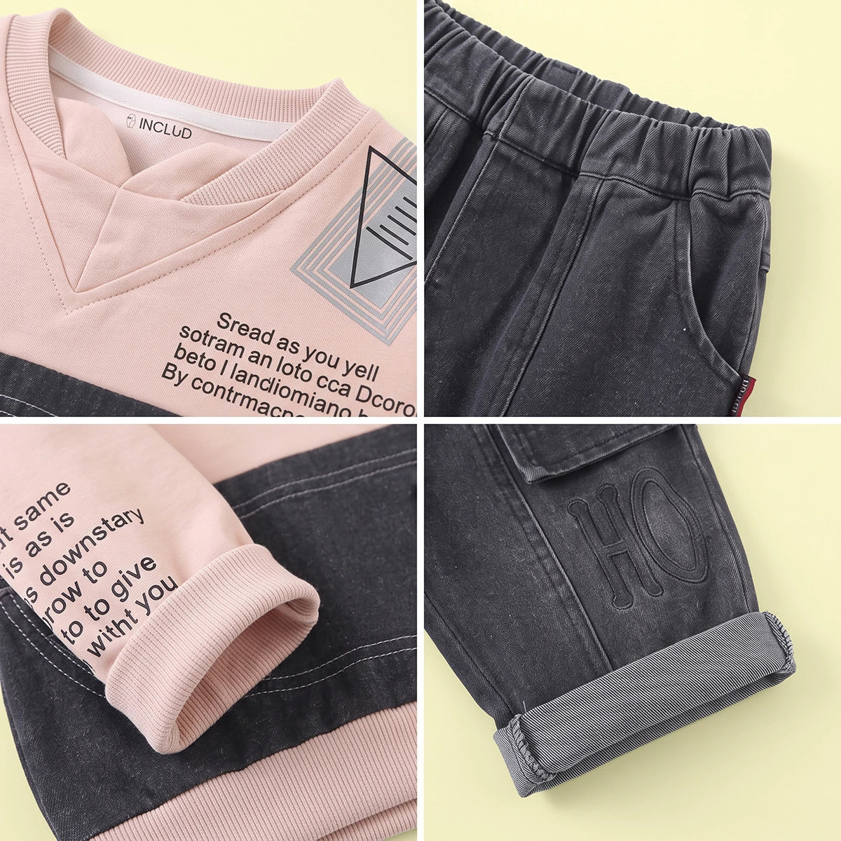 Boys Beige Typographic Sweatshirt With Denim Pants Sets 2 pc. Sets
