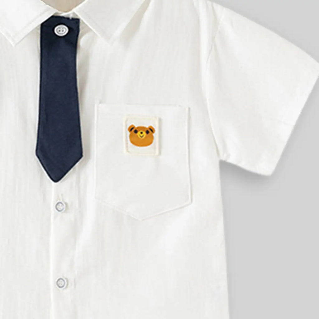 Boys White Short Sleeve Shirt with Bear Patch Pocket Shirts