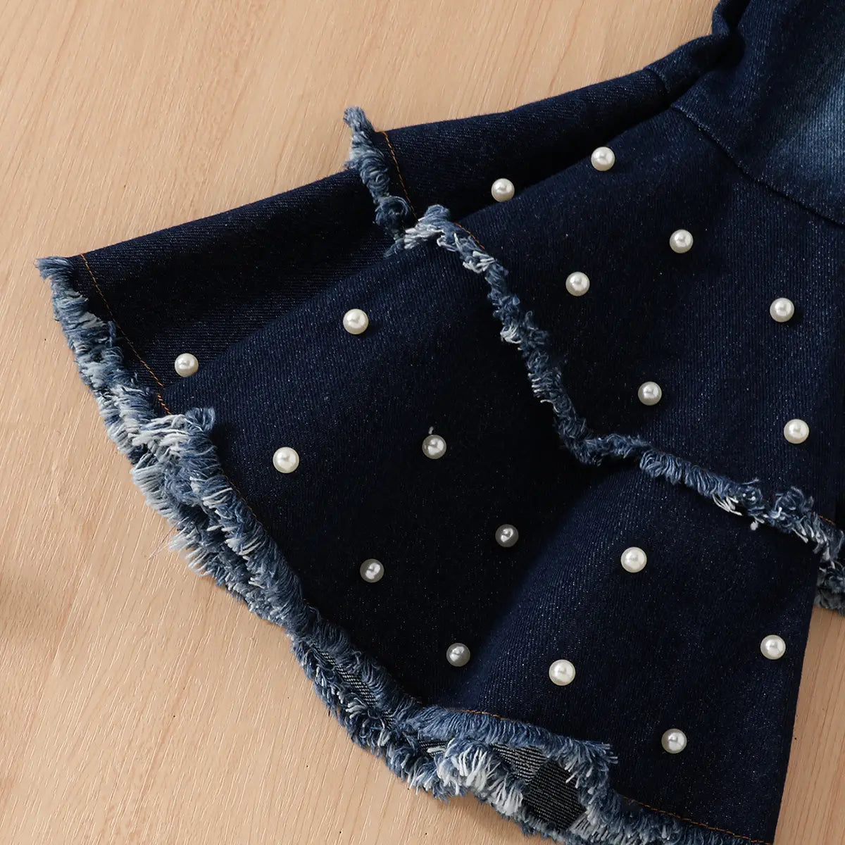 Girls Purple Puff Sleeves Top With Flared Pearl Embellishments Denim Pants Set Sets