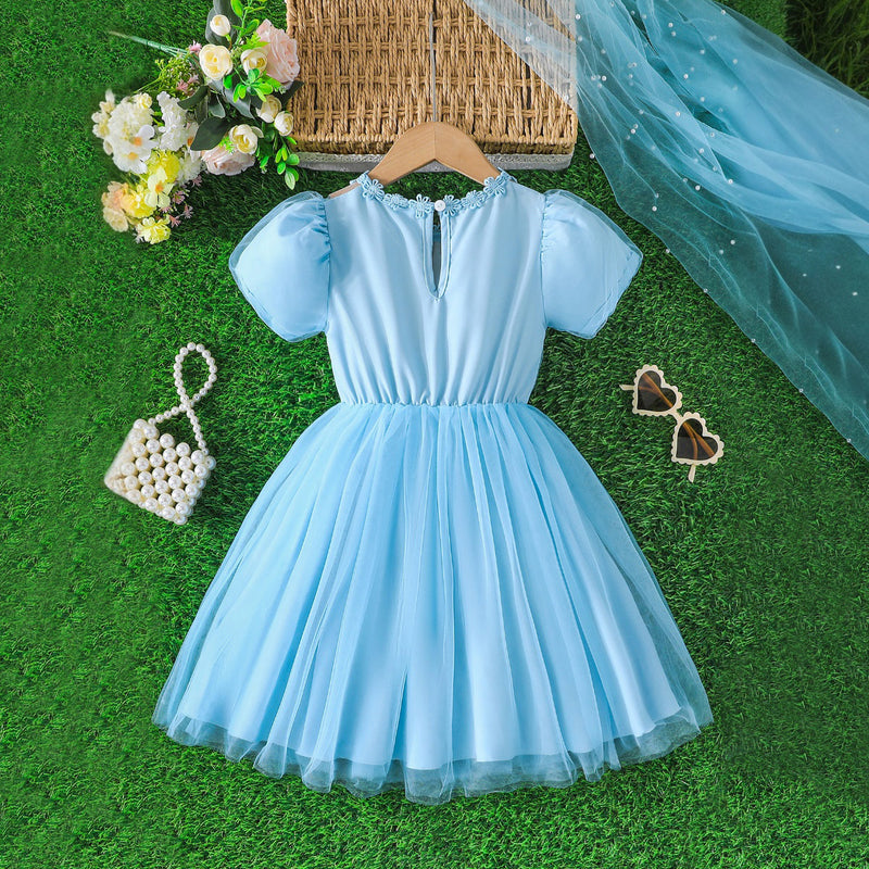 Girls Sky Blue Short Sleeves Round Neck Party Wear Dress – INCLUD