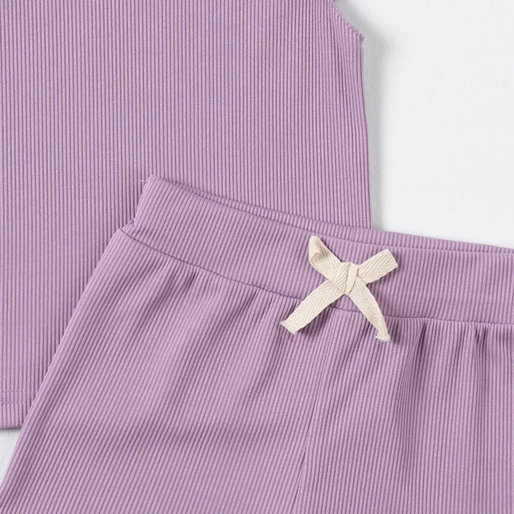 Girls Purple Solid Ribbed Top With Shorts Co-ord Sets Sets