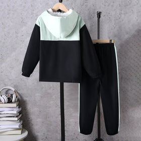 Boys Black Color-blocked Half Zipper Sweatshirt With Fur Lining & Pants Sets 2 pc. Sets
