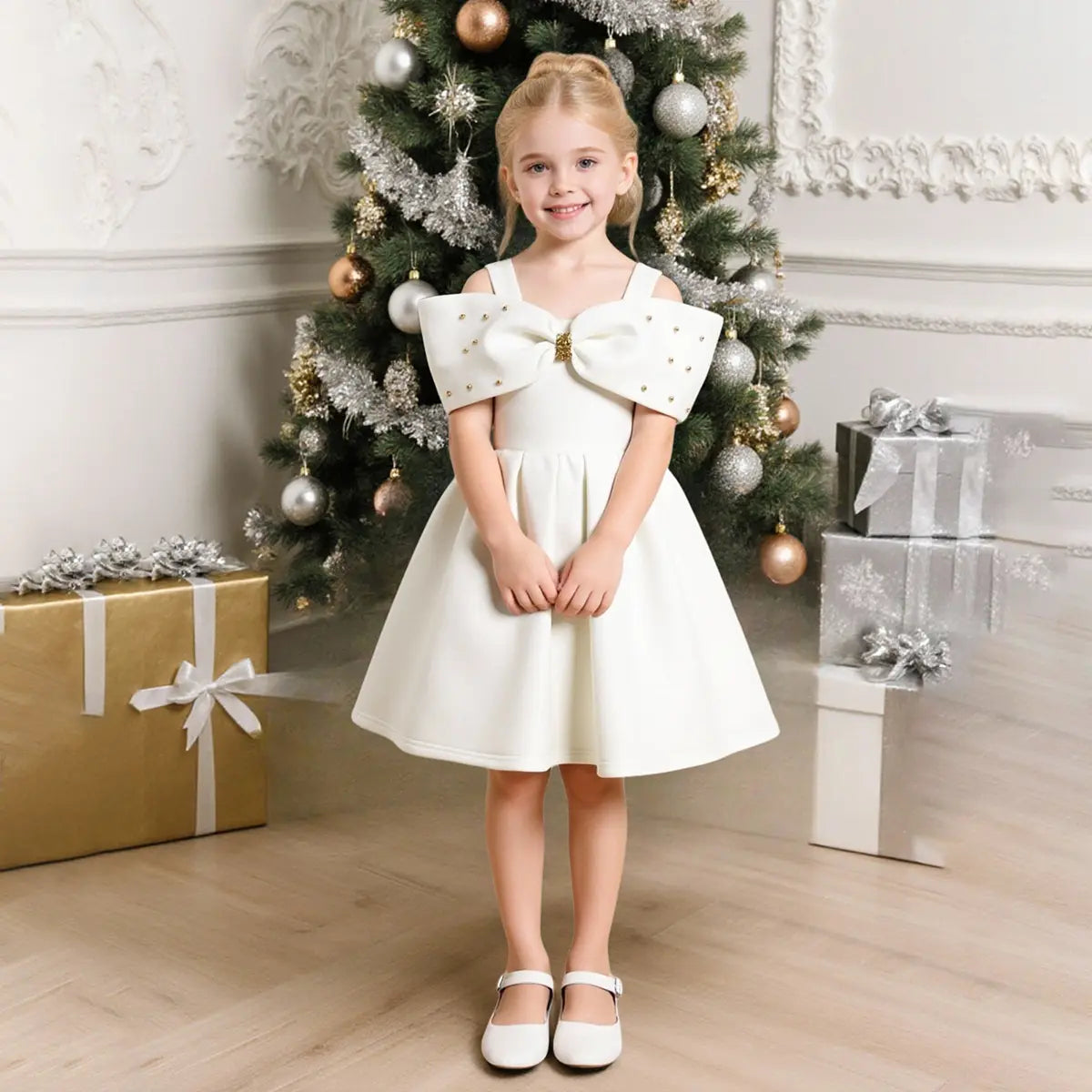 Girls White Sleeveless Fit & Flare Party Wear Dress With Elegant Bow Detail Party Dresses