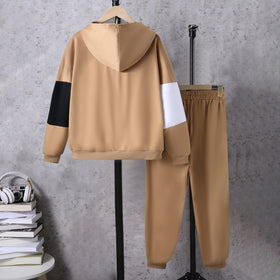 Boys Khaki Color-blocked Hooded Sweatshirt With Pants Sets 2 pc. Sets