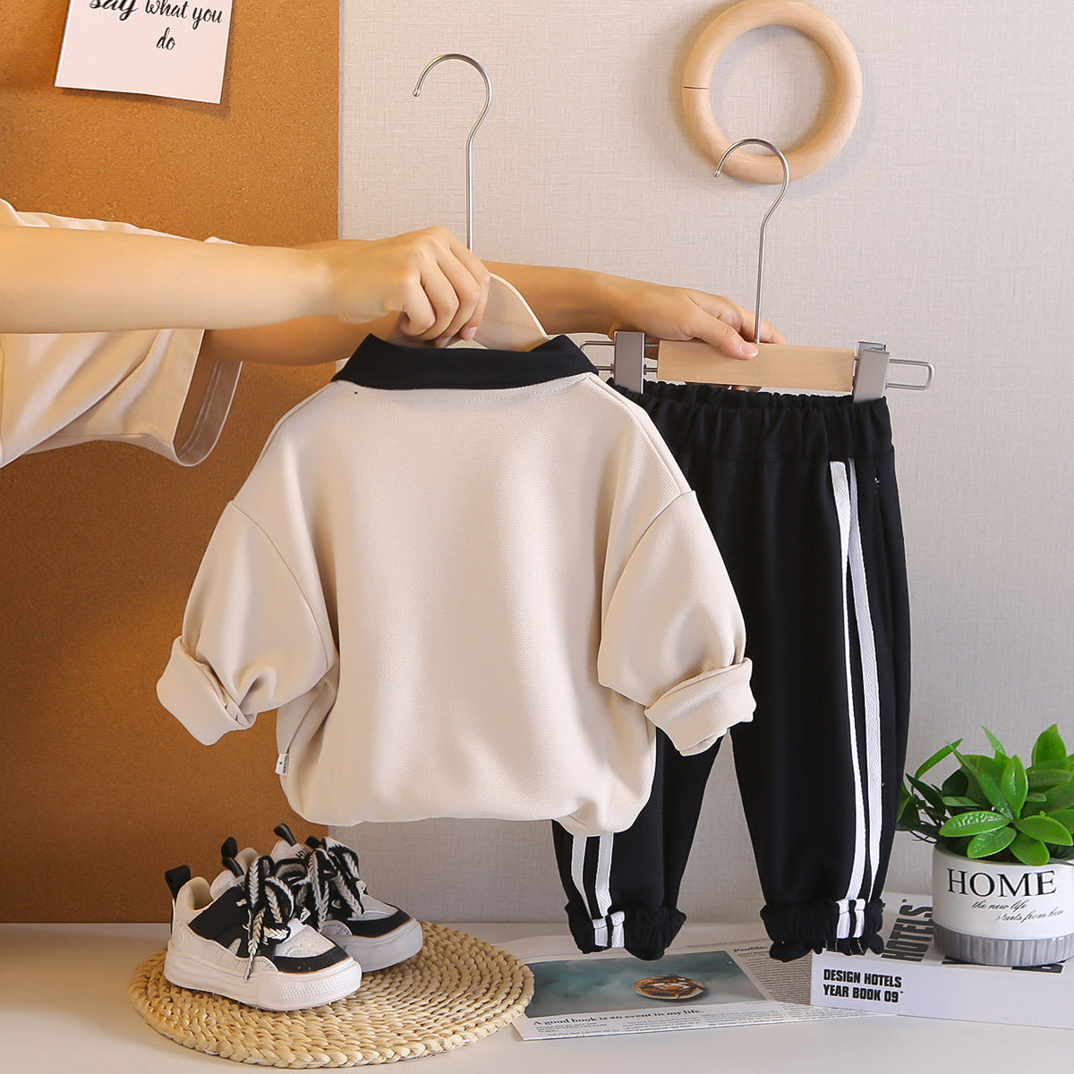 Boys Beige Solid Polo Neck Sweatshirt With Joggers Set 2 pc. Sets