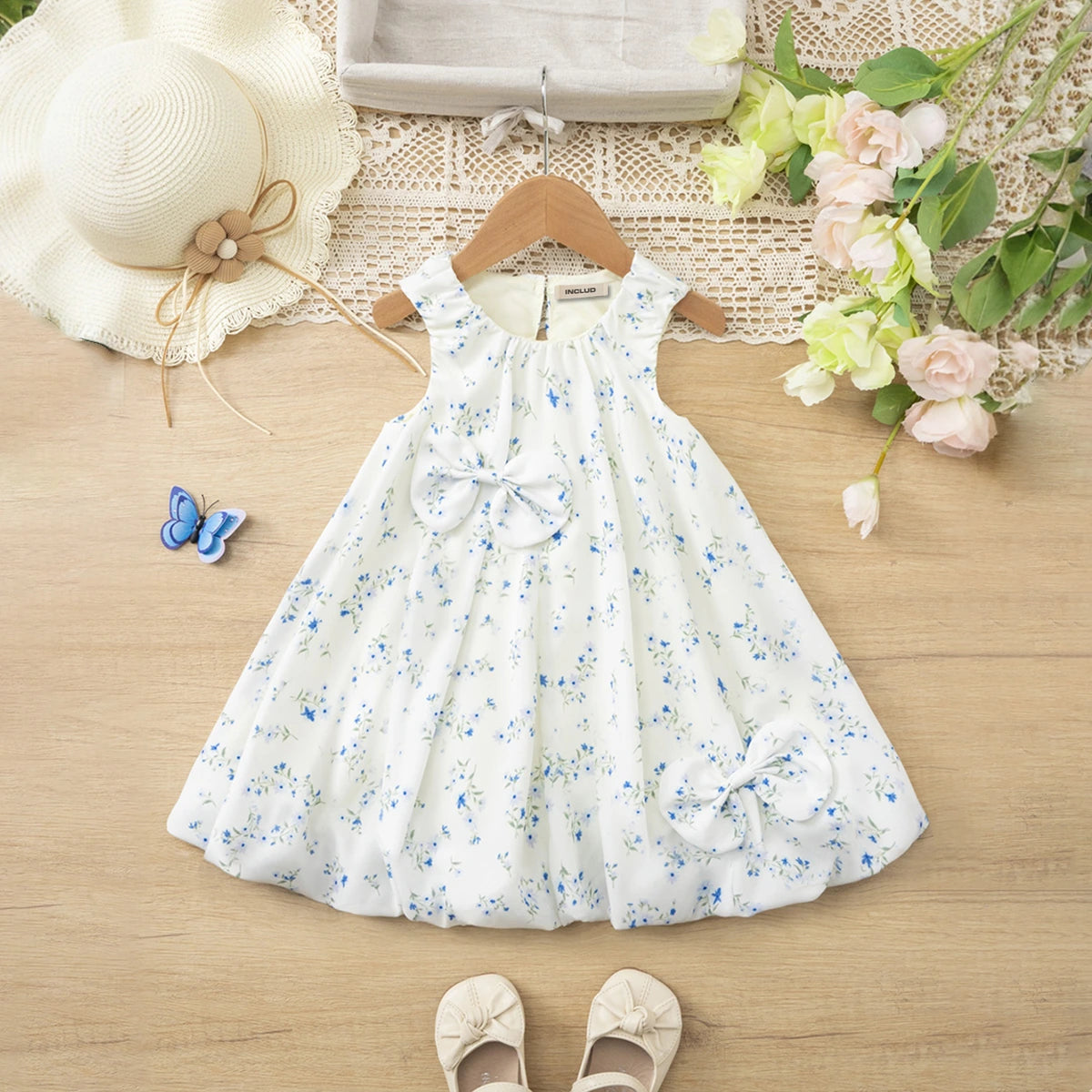 Girls White Floral Sleeveless A-line Dress With Bow Details Casual Dresses White 1-2 Y