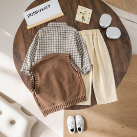 Boys Brown Sleeveless Cardigan With Long Sleeve Checked Shirt & Pants Set Sets