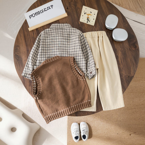 Boys Brown Sleeveless Cardigan With Long Sleeve Checked Shirt & Pants Set Sets
