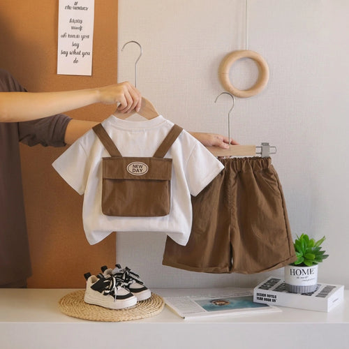Boys Brown Bag Pack Applique Short Sleeve T-Shirt With Elasticated Shorts Sets 2 pc. Sets
