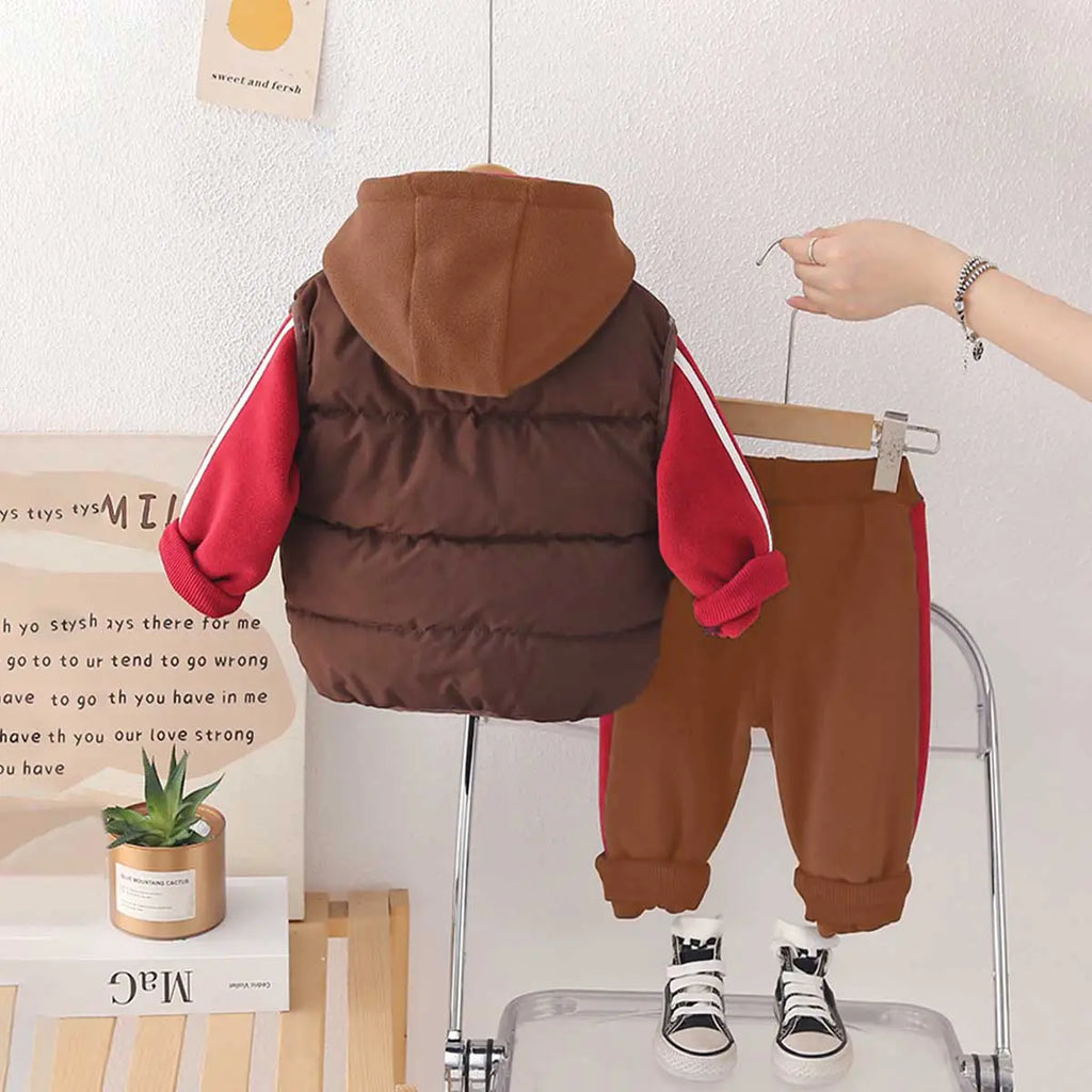 Boys Brown Hooded Zipper Jacket With Puffer Vest & Jogger Sets Sets