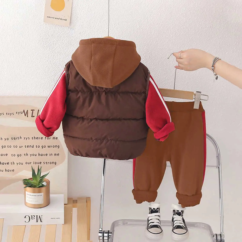 Boys Brown Hooded Zipper Jacket With Puffer Vest & Jogger Sets Sets