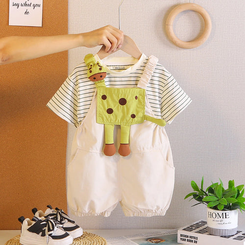 Boys Short Sleeve T-Shirt With Beige Animal Applique Dungaree Sets 2 pc. Sets Beige 1-2 Y