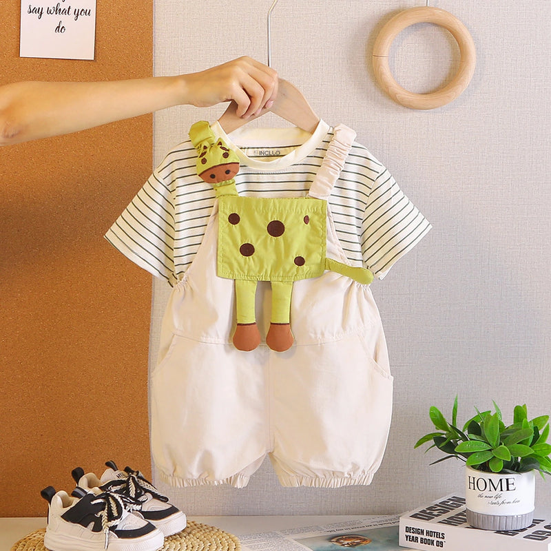 Boys Short Sleeve T-Shirt With Beige Animal Applique Dungaree Sets 2 pc. Sets Beige 1-2 Y