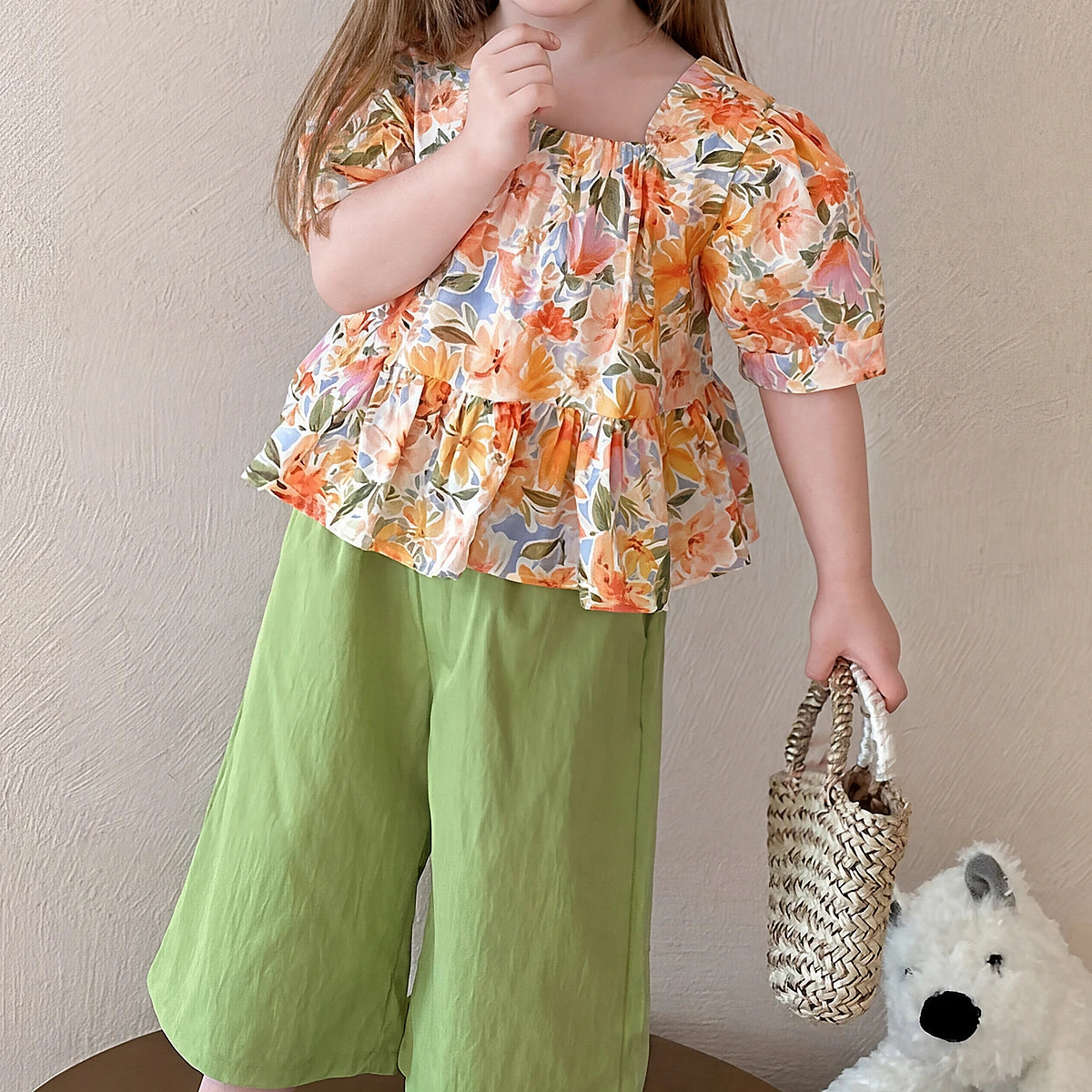Girls Orange Floral Print Short Sleeves Peplum Top With Wide-Leg Pants Sets Sets