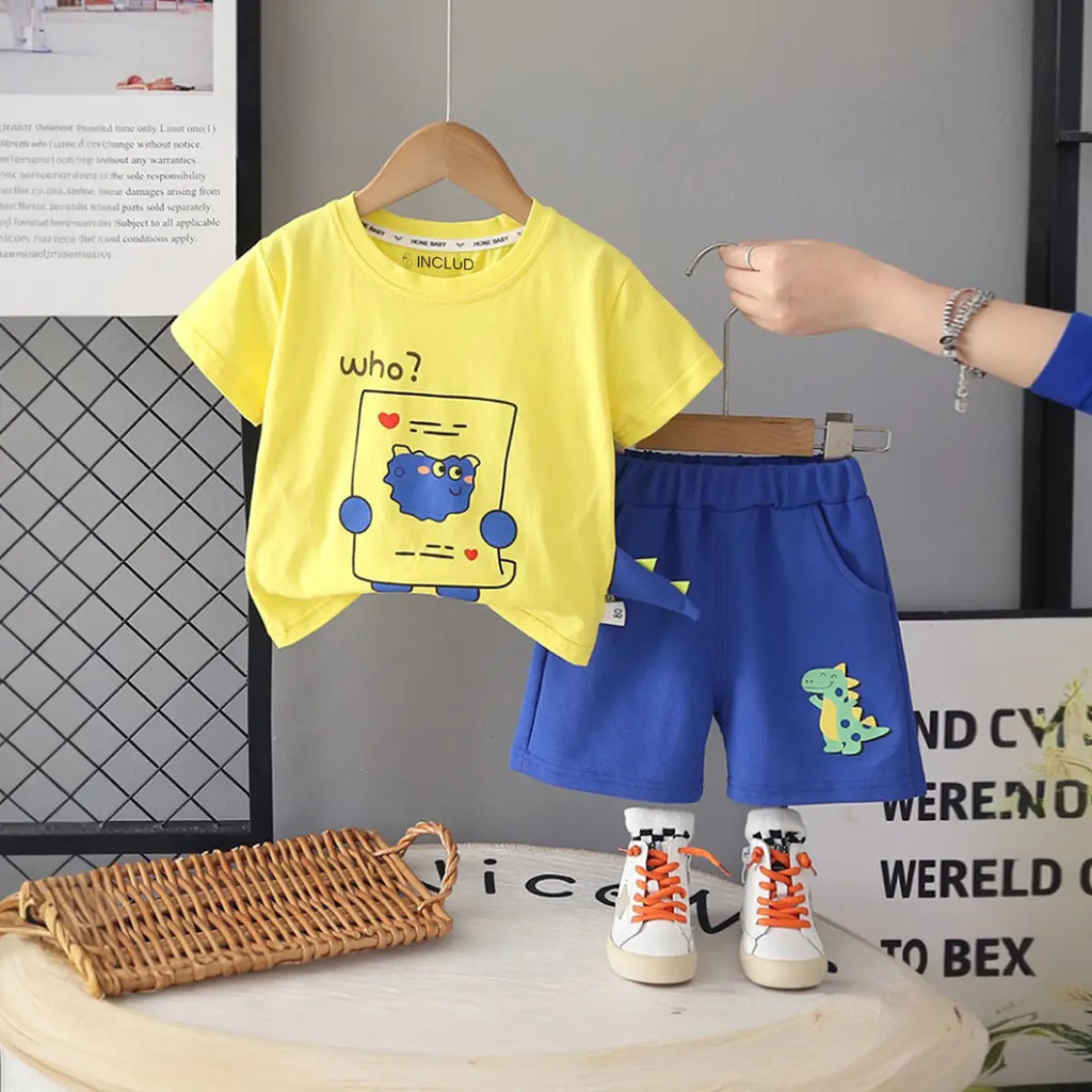 Boys Yellow Dinosaur Graphic Short Sleeve T-Shirt With Elasticated Shorts Sets 2 pc. Sets Yellow 1-2 Y