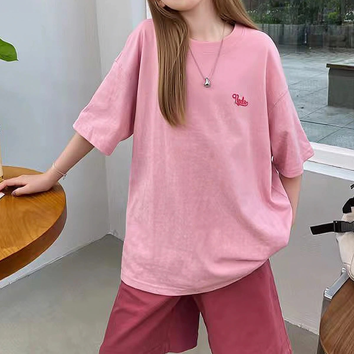 Girls Pink Typographic Print Short Sleeve T-Shirt With Elasticated Shorts Sets Sets