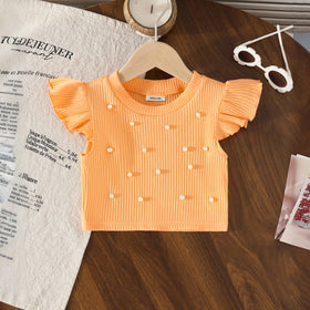 Girls Orange Pearl Embellished Top With Denim Shorts Set Sets